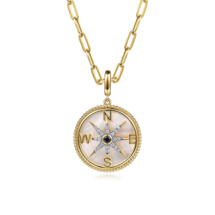 14K Yellow Gold Diamond  Blue Sapphire Compass Medallion Pendant With Detachable Bail