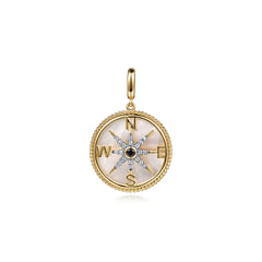 14K Yellow Gold Diamond   Blue Sapphire Compass Medallion Pendant