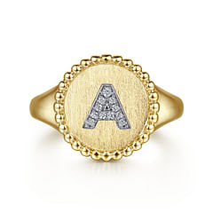 14K Yellow Gold Diamond Bujukan Initial A Signet Ring