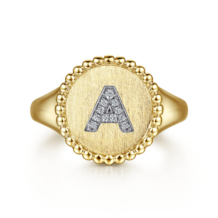 14K Yellow Gold Diamond Bujukan Initial A Signet Ring - 0.05 ct - Shot 1