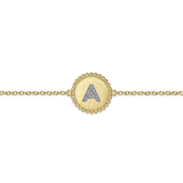 14K Yellow Gold Diamond Bujukan Initial A Tennis Bracelet in Size 7inch W Brush - 0.05 ct - Shot 2