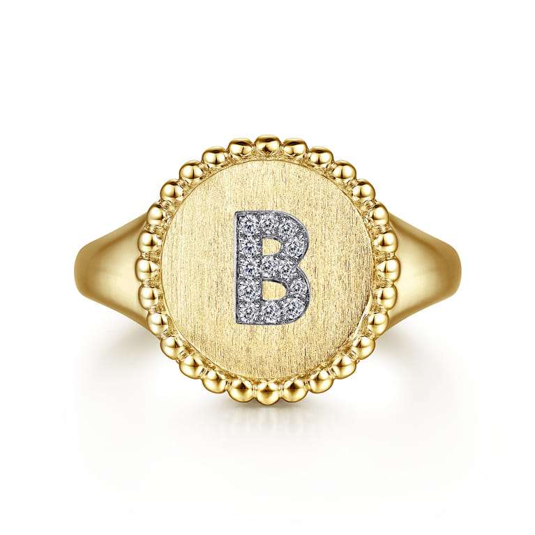 14K Yellow Gold Diamond Bujukan Initial B Signet Ring - 0.05 ct - Shot 1