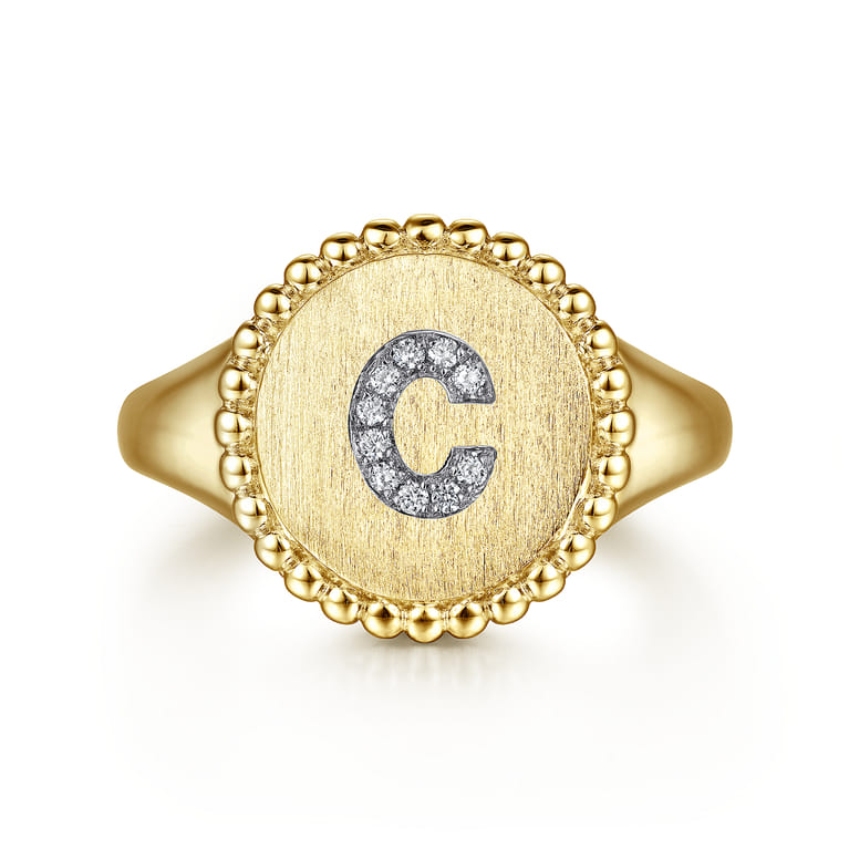 14K Yellow Gold Diamond Bujukan Initial C Signet Ring - 0.04 ct - Shot 1