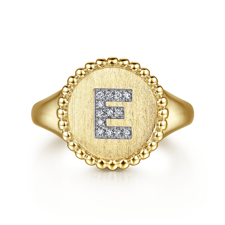 14K Yellow Gold Diamond Bujukan Initial E Signet Ring - 0.05 ct - Shot 1