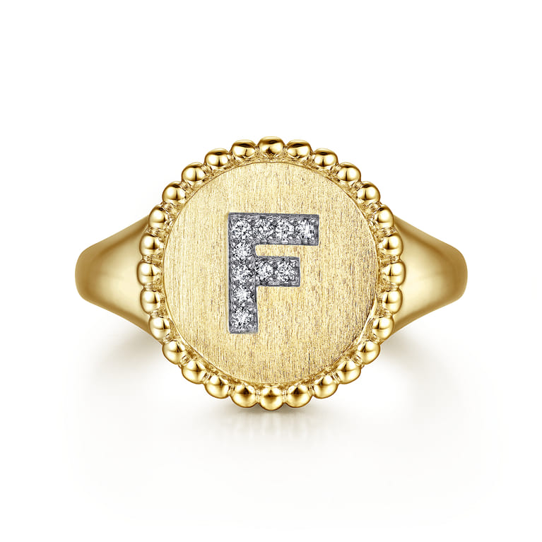 14K Yellow Gold Diamond Bujukan Initial F Signet Ring - 0.04 ct - Shot 1