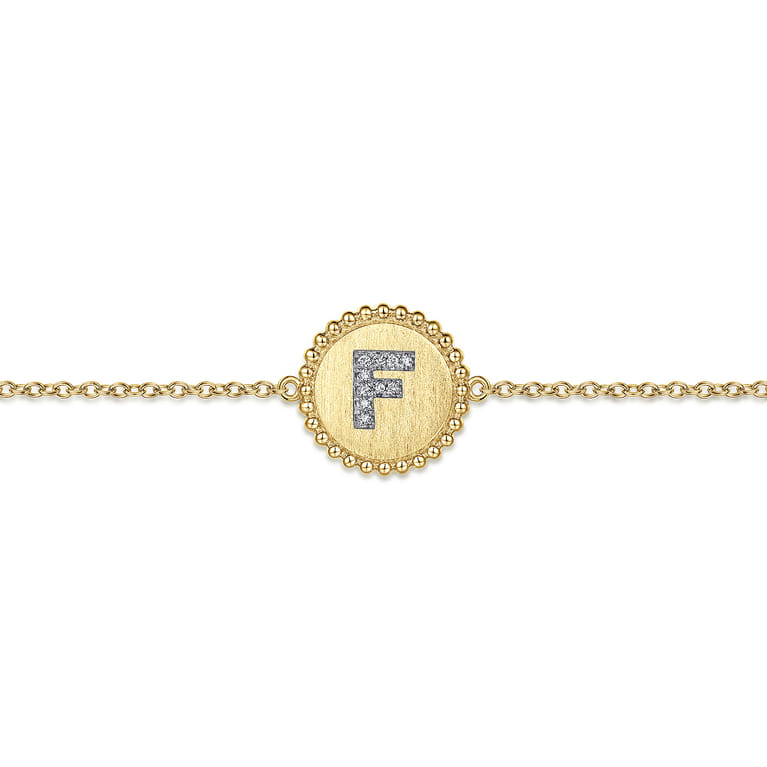 14K Yellow Gold Diamond Bujukan Initial F Tennis Bracelet in Size 7inch W Brush - 0.04 ct - Shot 2