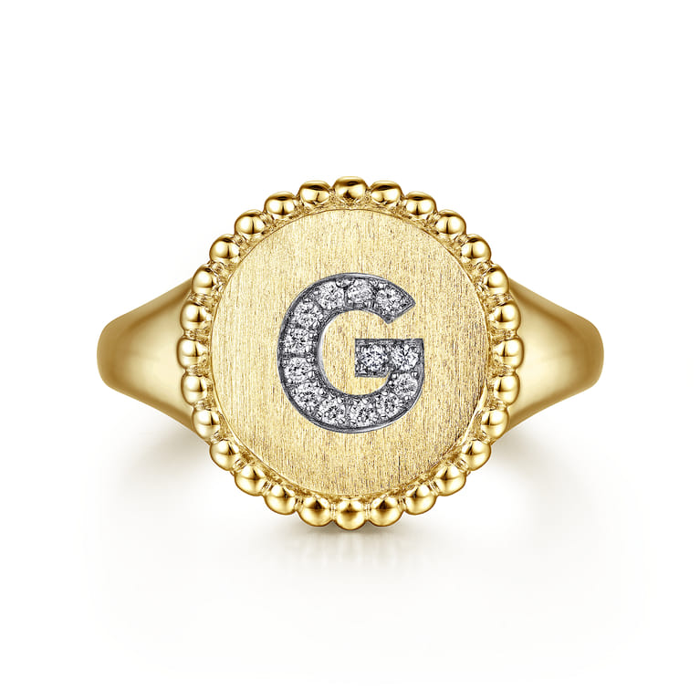 14K Yellow Gold Diamond Bujukan Initial G Signet Ring - 0.05 ct - Shot 1