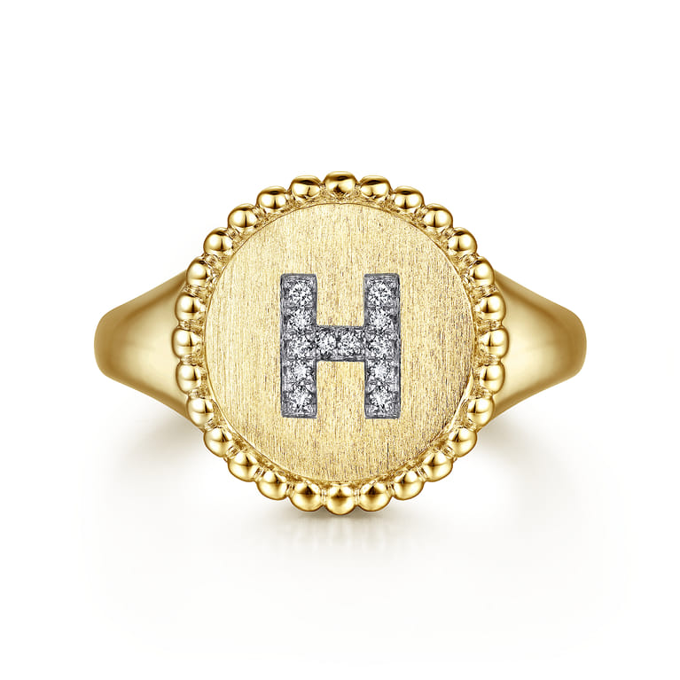 14K Yellow Gold Diamond Bujukan Initial H Signet Ring - 0.05 ct - Shot 1