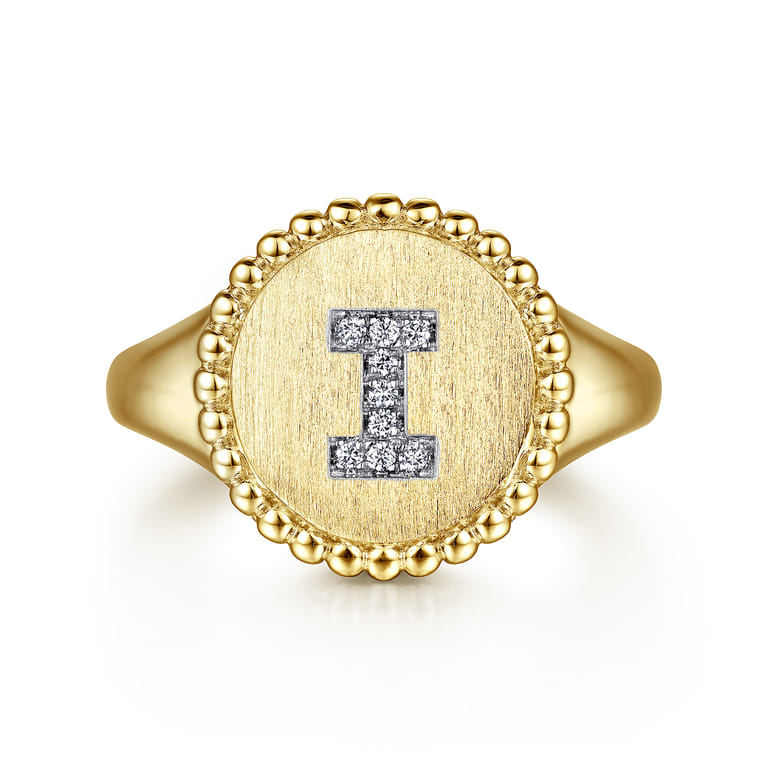 14K Yellow Gold Diamond Bujukan Initial I Signet Ring - 0.03 ct - Shot 1