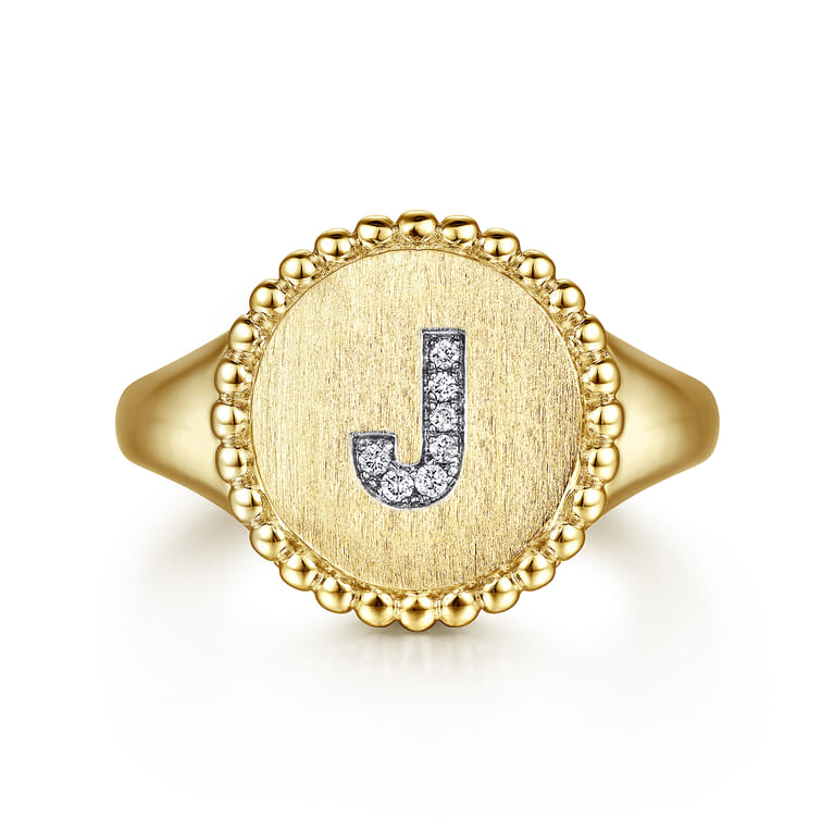 14K Yellow Gold Diamond Bujukan Initial J Signet Ring - 0.03 ct - Shot 1