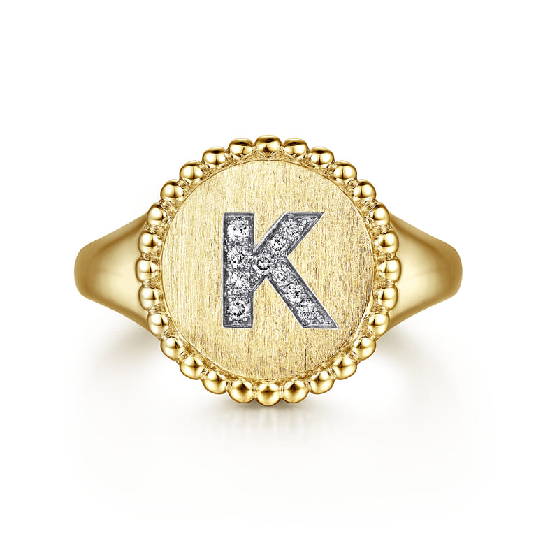 14K Yellow Gold Diamond Bujukan Initial K Signet Ring - 0.05 ct - Shot 1