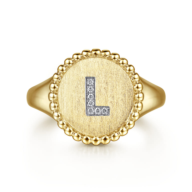 14K Yellow Gold Diamond Bujukan Initial L Signet Ring - 0.03 ct - Shot 1