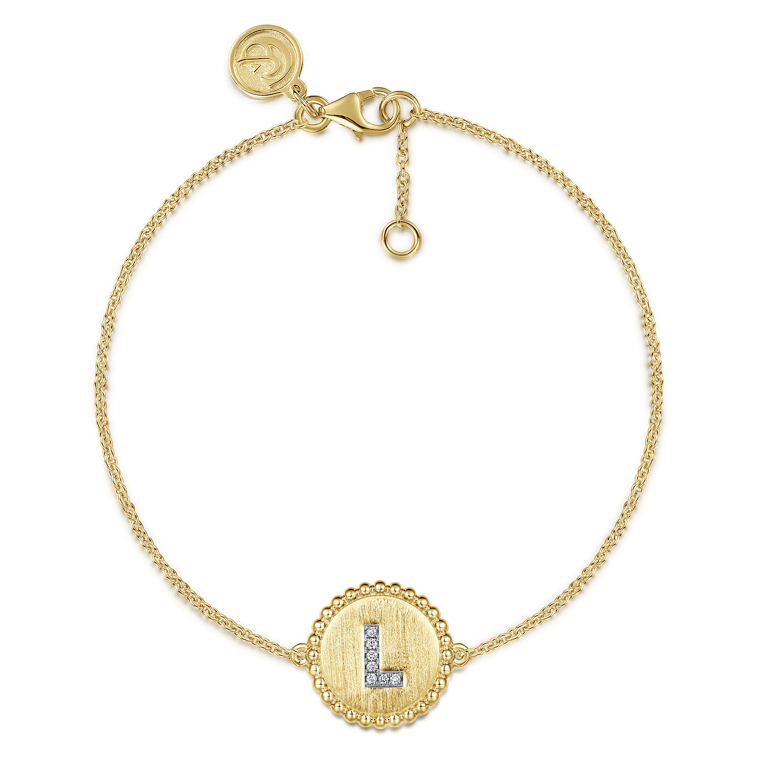 14K Yellow Gold Diamond Bujukan Initial L Tennis Bracelet in Size 7inch W Brush - 0.03 ct - Shot 1