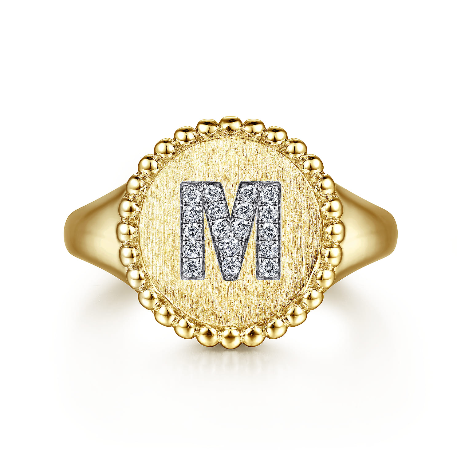 14K Yellow Gold Diamond Bujukan Initial M Signet Ring - 0.07 ct - Shot 1
