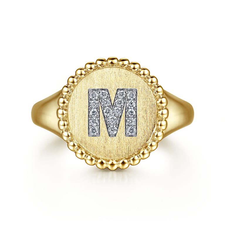 14K Yellow Gold Diamond Bujukan Initial M Signet Ring - 0.07 ct - Shot 1