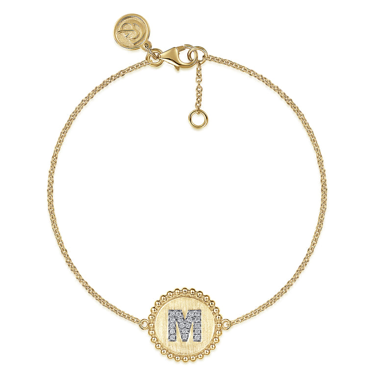 14K Yellow Gold Diamond Bujukan Initial M Tennis Bracelet in Size 7inch W Brush - 0.07 ct - Shot 1