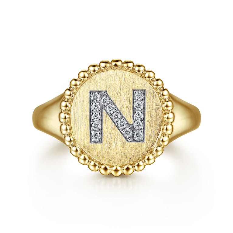 14K Yellow Gold Diamond Bujukan Initial N Signet Ring - 0.06 ct - Shot 1