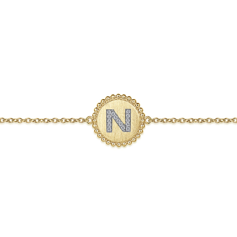 14K Yellow Gold Diamond Bujukan Initial N Tennis Bracelet in Size 7inch W Brush - 0.06 ct - Shot 2