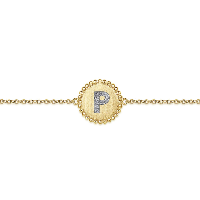 14K Yellow Gold Diamond Bujukan Initial P Tennis Bracelet in Size 7inch W Brush - 0.05 ct - Shot 2