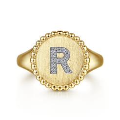 14K Yellow Gold Diamond Bujukan Initial R Signet Ring