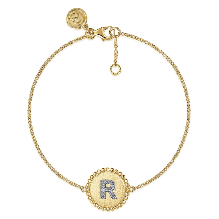 14K Yellow Gold Diamond Bujukan Initial R Tennis Bracelet in Size 7inch W Brush - 0.05 ct - Shot 1