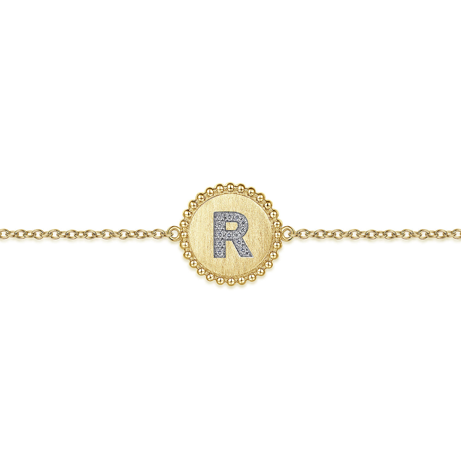 14K Yellow Gold Diamond Bujukan Initial R Tennis Bracelet in Size 7inch W Brush - 0.05 ct - Shot 2