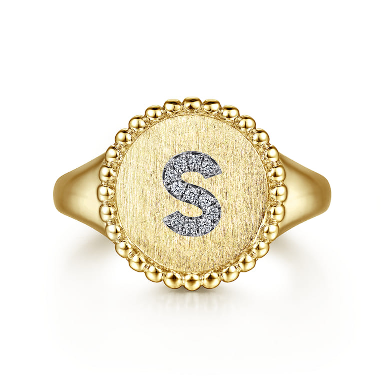 14K Yellow Gold Diamond Bujukan Initial S Signet Ring - 0.04 ct - Shot 1