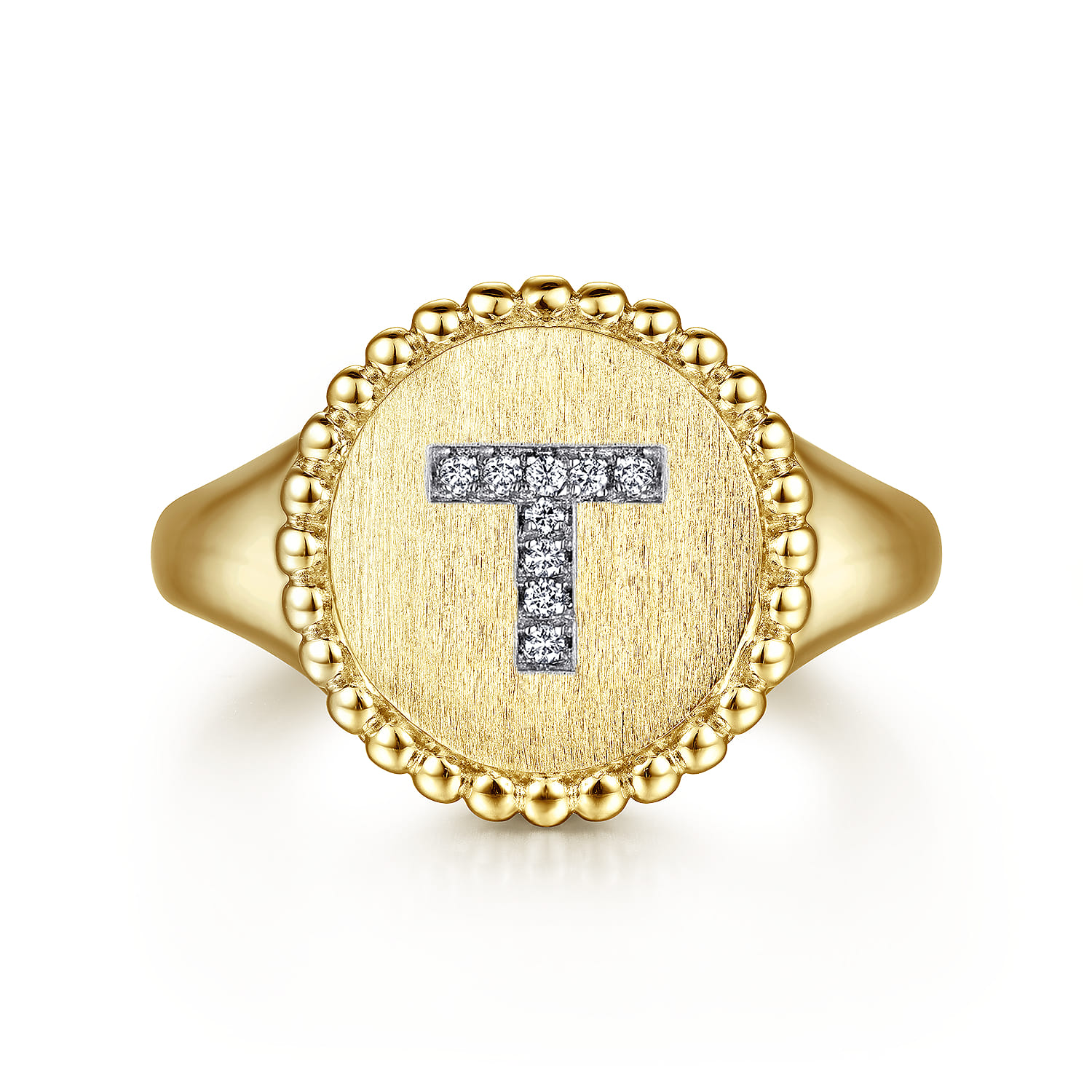 14K Yellow Gold Diamond Bujukan Initial T Signet Ring - 0.03 ct - Shot 1