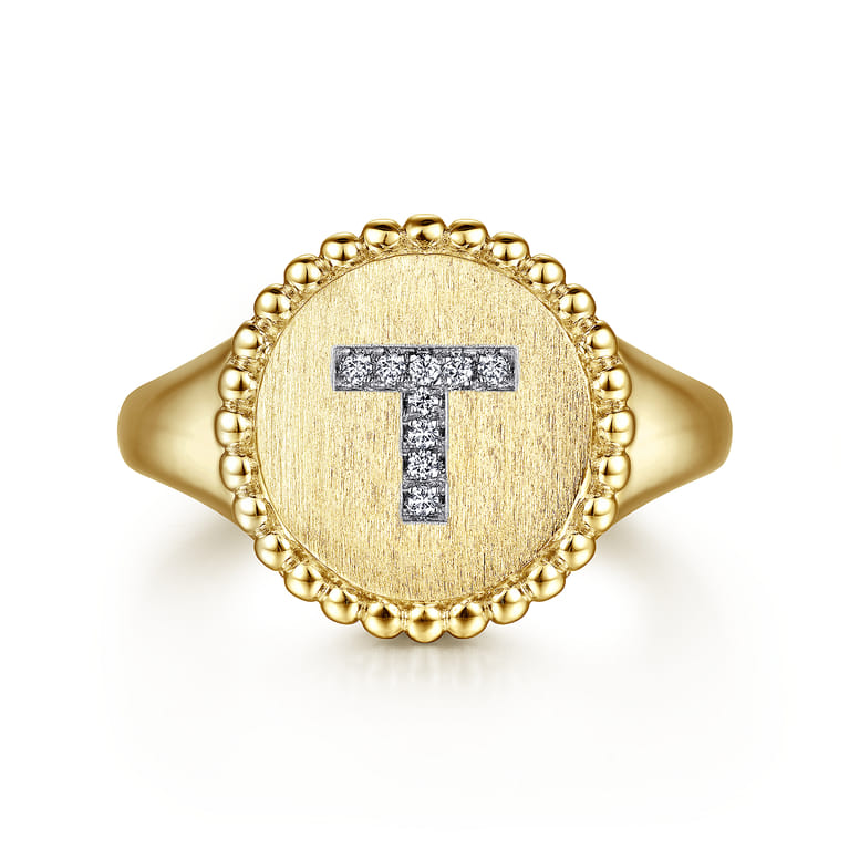 14K Yellow Gold Diamond Bujukan Initial T Signet Ring - 0.03 ct - Shot 1