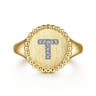 14K Yellow Gold Diamond Bujukan Initial T Signet Ring - 0.03 ct
