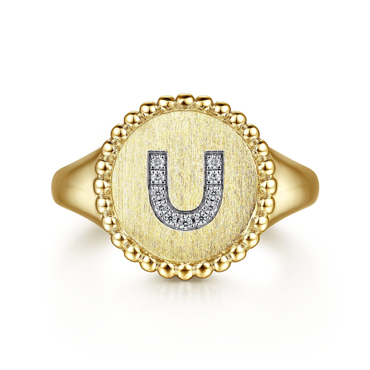 14K Yellow Gold Diamond Bujukan Initial U Signet Ring - 0.04 ct - Shot 1