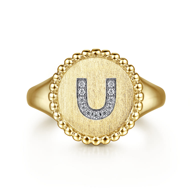 14K Yellow Gold Diamond Bujukan Initial U Signet Ring - 0.04 ct - Shot 1