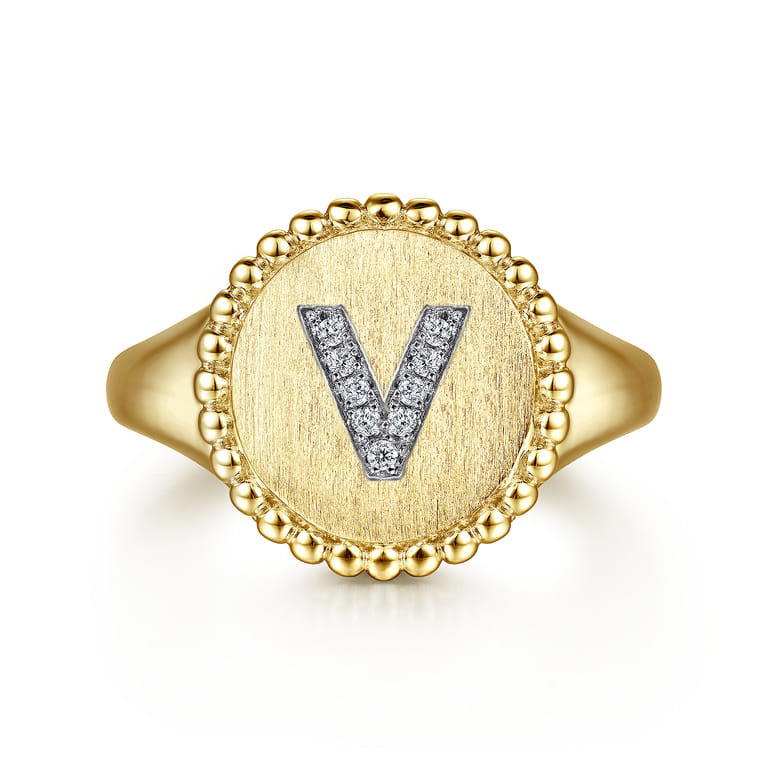 14K Yellow Gold Diamond Bujukan Initial V Signet Ring - 0.04 ct - Shot 1