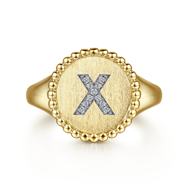14K Yellow Gold Diamond Bujukan Initial X Signet Ring - 0.04 ct - Shot 1