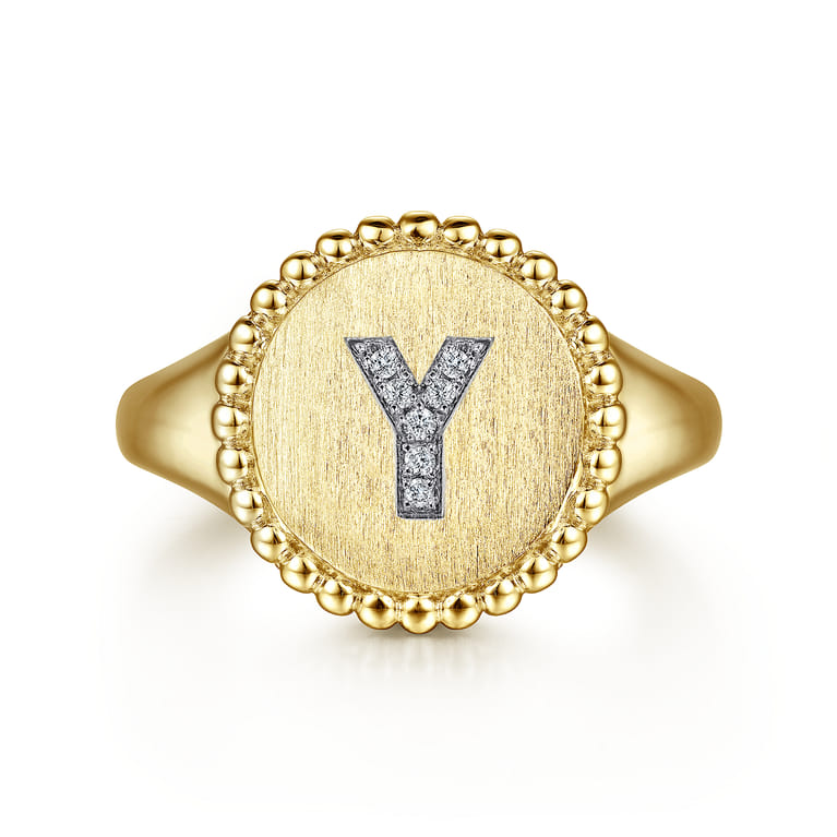 14K Yellow Gold Diamond Bujukan Initial Y Signet Ring - 0.03 ct - Shot 1