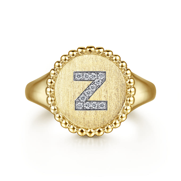 14K Yellow Gold Diamond Bujukan Initial Z Signet Ring - 0.05 ct - Shot 1