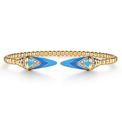 14K Yellow Gold Diamond Bujukan Spike Bangle Bracelet with Dusk Blue and White Enamel