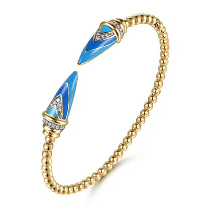14K Yellow Gold Diamond Bujukan Spike Bangle Bracelet with Dusk Blue and White Enamel