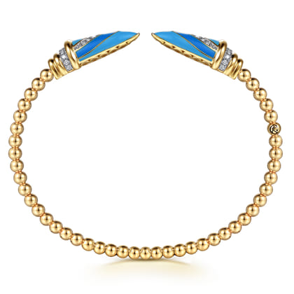 14K Yellow Gold Diamond Bujukan Spike Bangle Bracelet with Dusk Blue and White Enamel