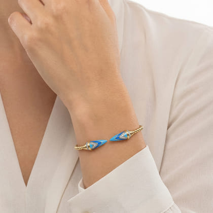 14K Yellow Gold Diamond Bujukan Spike Bangle Bracelet with Dusk Blue and White Enamel