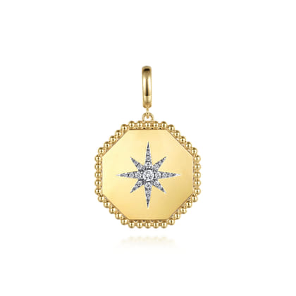 14K Yellow Gold Diamond Bujukan Starburst Hexagon Medallion Pendant With Detachable Bail
