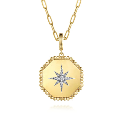 14K Yellow Gold Diamond Bujukan Starburst Hexagon Medallion Pendant with Detachable Bail