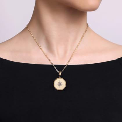 14K Yellow Gold Diamond Bujukan Starburst Hexagon Medallion Pendant with Detachable Bail