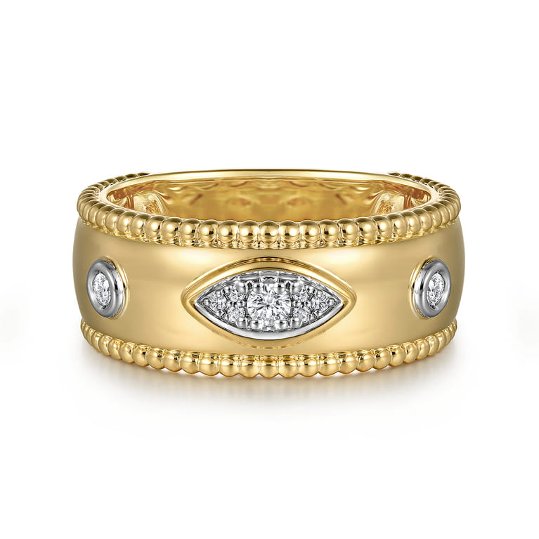 14K Yellow Gold Diamond Bujukan Wide Band Ladies Ring - 0.11 ct - Shot 1