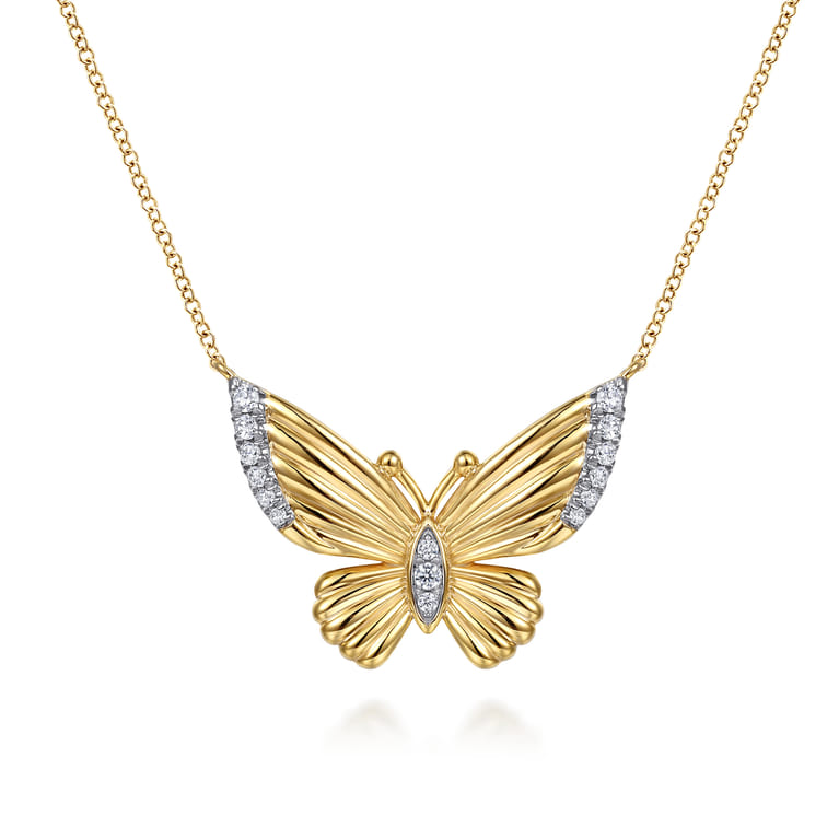 14K Yellow Gold Diamond Butterfly Pendant Necklace - 0.21 ct - Shot 1