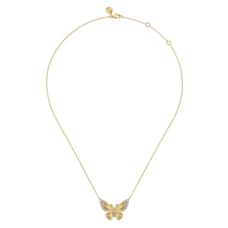 14K Yellow Gold Diamond Butterfly Pendant Necklace - 0.21 ct - Shot 2