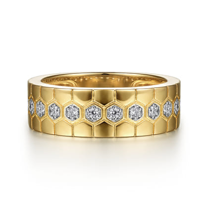 14K Yellow Gold Diamond Cigar Band with Hexagon Pattern
