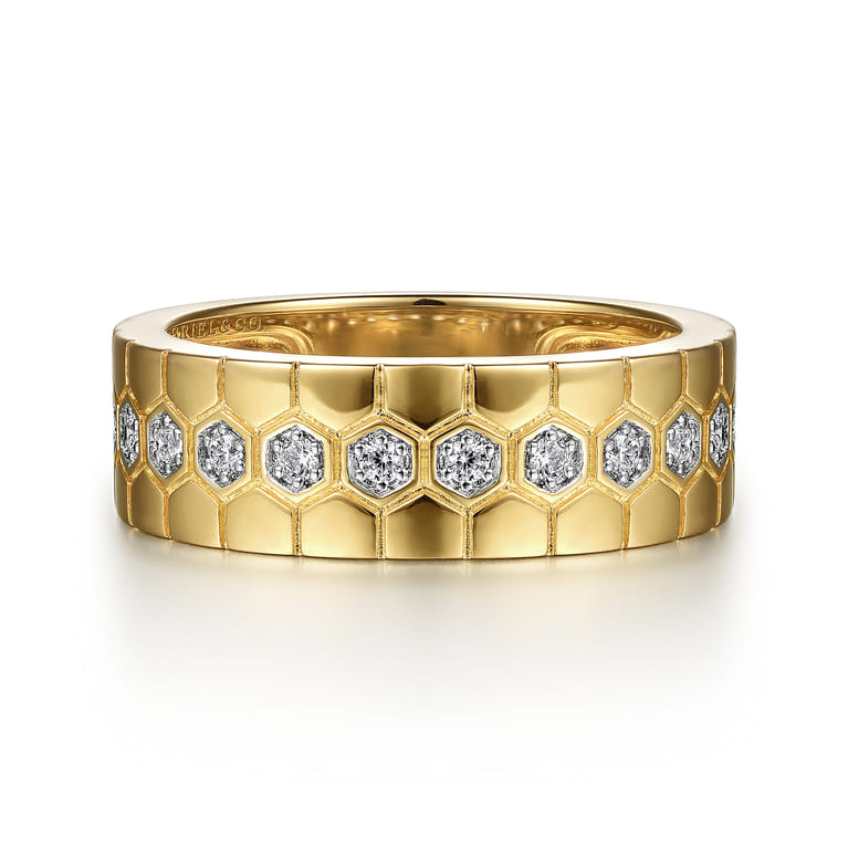 14K Yellow Gold Diamond Cigar Band with Hexagon Pattern - 0.25 ct - Shot 1