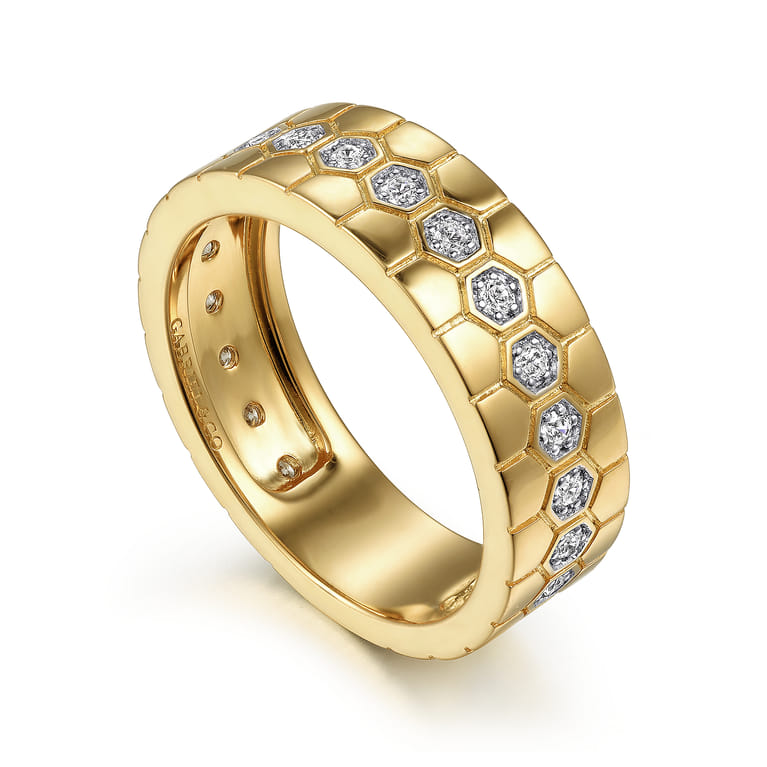 14K Yellow Gold Diamond Cigar Band with Hexagon Pattern - 0.25 ct - Shot 3