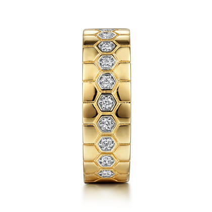 14K Yellow Gold Diamond Cigar Band with Hexagon Pattern